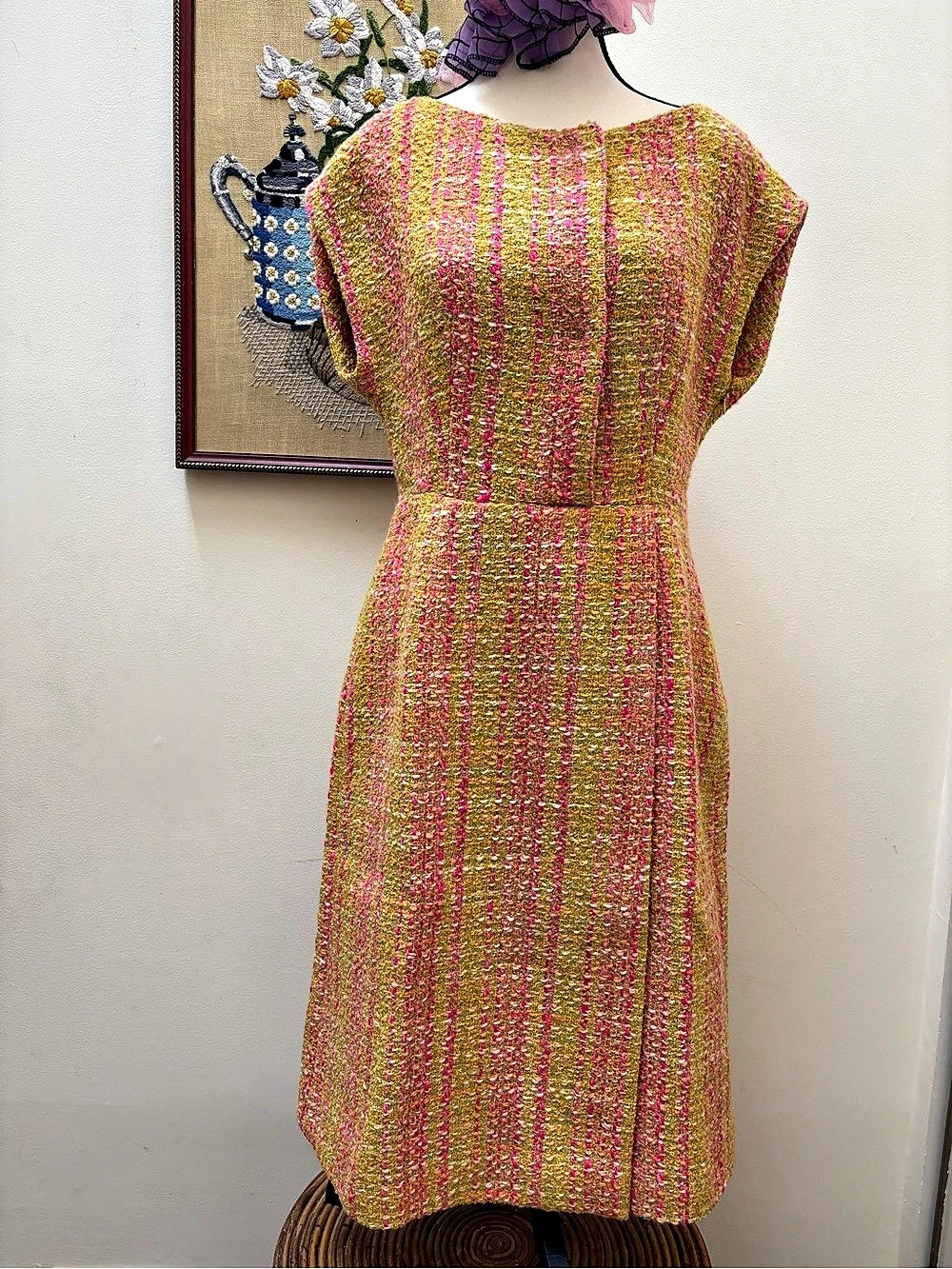 Prada Special Edition Striped Tweed Midi Dress in Pink & Green Size 44 Like New